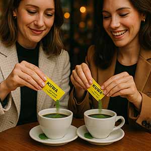 2 ladies pouring kuwa into coffee